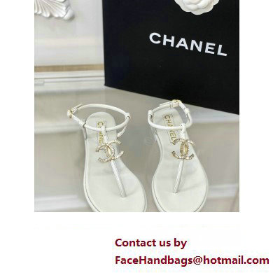 Chanel Lambskin & Strass CC Logo Thong Sandals G39728 White 2023